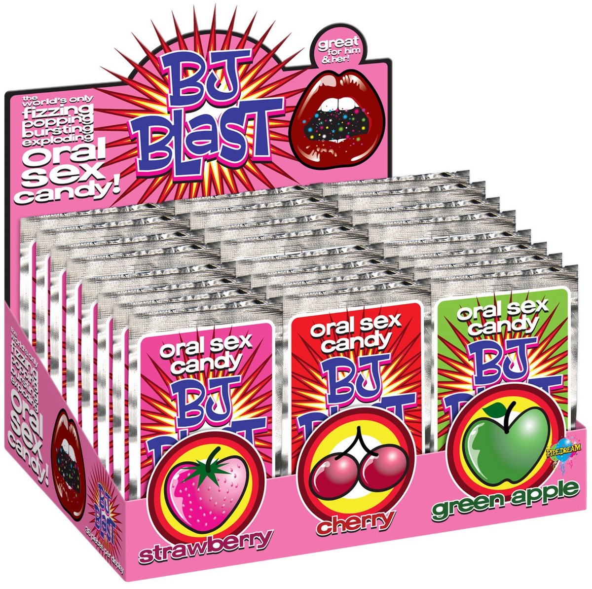 Pipedream Funny Novelties Erotisch snoep BJ Blasttrawberry/Cherry and Green Apple - Display - 36 Pc 18gr