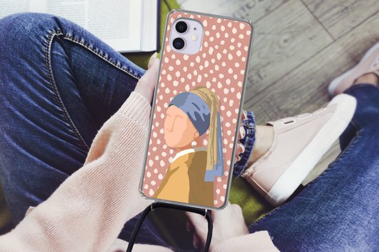 Coque avec cordon iPhone 12 Mini - Old masters - Fille à la perle - Pois - Vintage - Siliconen - Bandoulière - Coque arrière avec cordon - Coque pour téléphone avec cordon - Coque avec corde