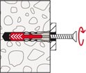 Fischer plug met schroef, zwarte plug met rode markeringen, in betonnen muur.