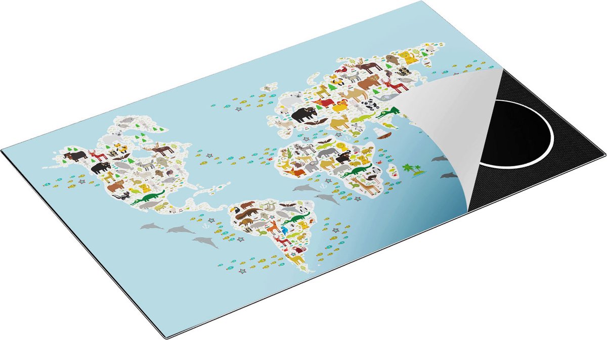 Chefcare Inductie Beschermer Wereldkaart met Dieren - 85x55 cm - Afdekplaat Inductie - Kookplaat Beschermer - Inductie Mat