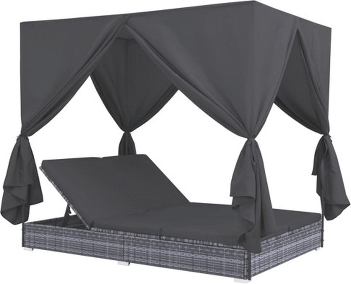 vidaXL - Loungebed - met - gordijnen - poly - rattan - grijs