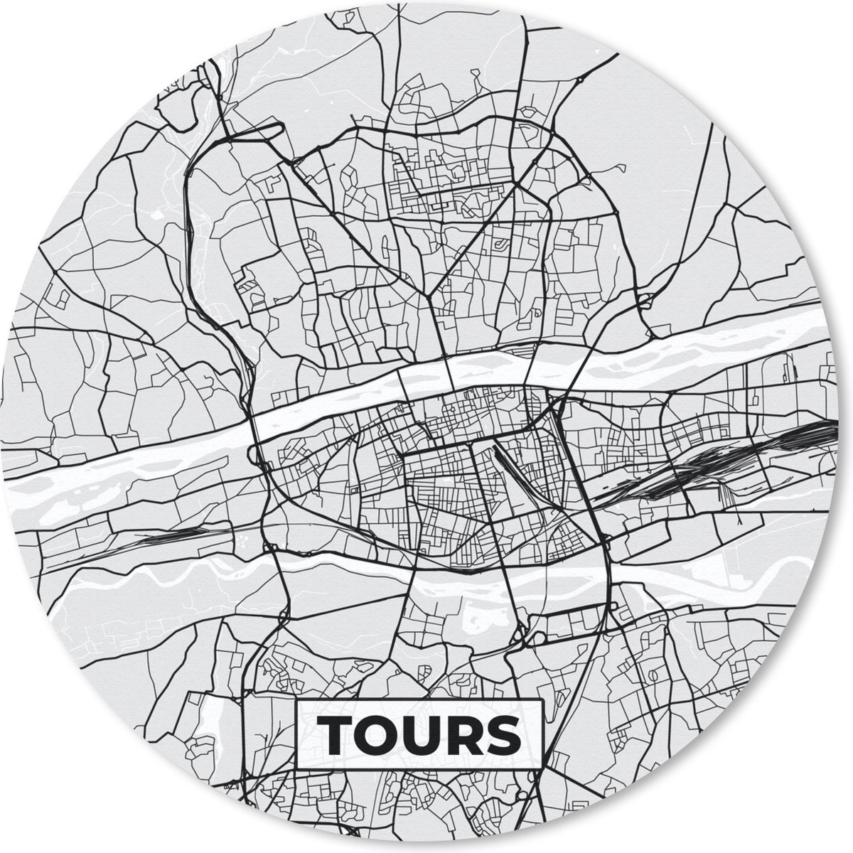 Muismat rond 50x50 cm - Mousepad Plattegrond - Kaart - Stadskaart - Frankrijk - Tours - Ronde muismatten - Stadskaart