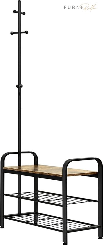SogesHome Kledingrek, vrijstaande kapstok, staande garderobe met opbergplanken en lade, 3-in-1 houten kledingstandaard, mantelstandaard met 4 treden, voor slaapkamer