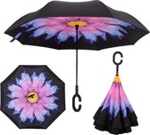 Smartplu - Grote Storm Paraplu - Zwart met Paarse Bloem. De omkeerbare innovatieve, ergonomische stormparaplu - 105cm - 12288-E