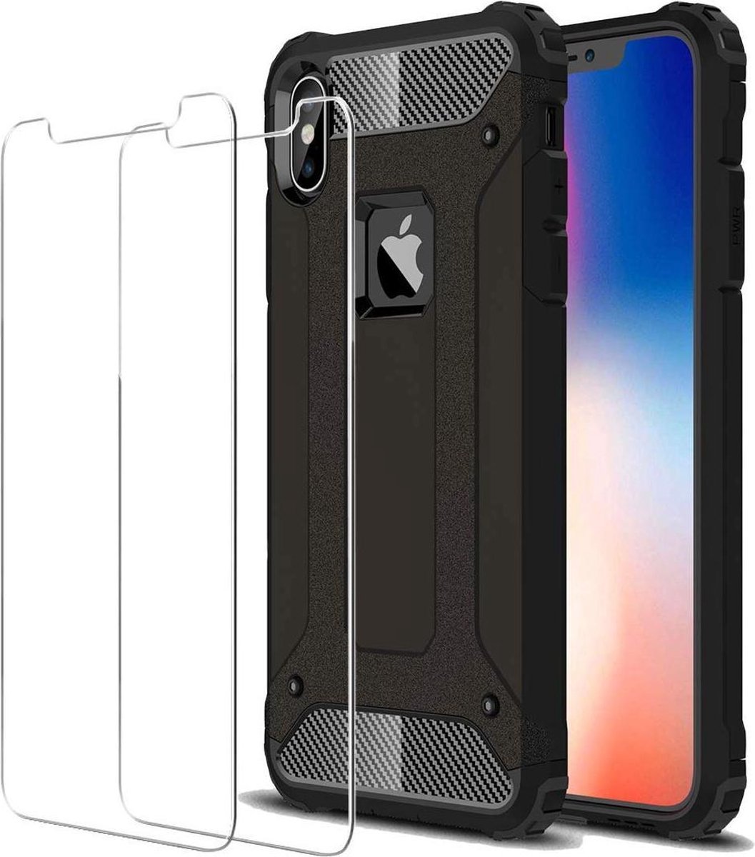 Hoesje Geschikt voor: iPhone X / XS Heavy Duty - Zwart Met 2 Tempered Screen protector