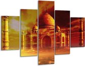 Glasschilderij -  Taj Mahal - Oranje, Bruin, Geel - 100x70cm 5Luik - Geen Acrylglas Schilderij - GroepArt 6000+ Glasschilderijen Collectie - Wanddecoratie- Foto Op Glas