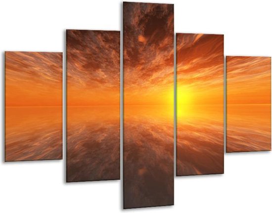 Glasschilderij -  Zonsondergang - Geel, Oranje, Goud - 100x70cm 5Luik - Geen Acrylglas Schilderij - GroepArt 6000+ Glasschilderijen Collectie - Wanddecoratie- Foto Op Glas