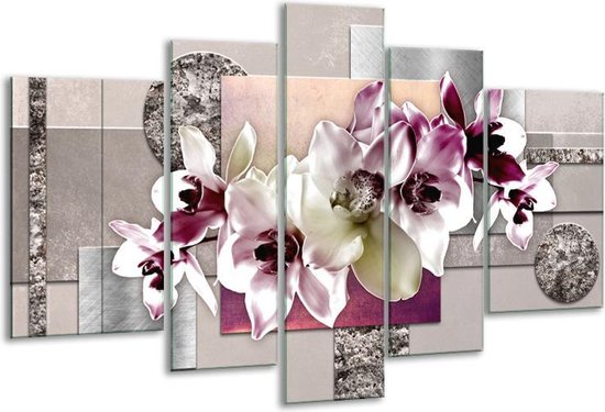 Glasschilderij Orchidee, Bloemen - Paars, Grijs - 170x100cm 5Luik - Foto Op Glas - Geen Acrylglas Schilderij - 6000+ Glasschilderijen Collectie - Wanddecoratie