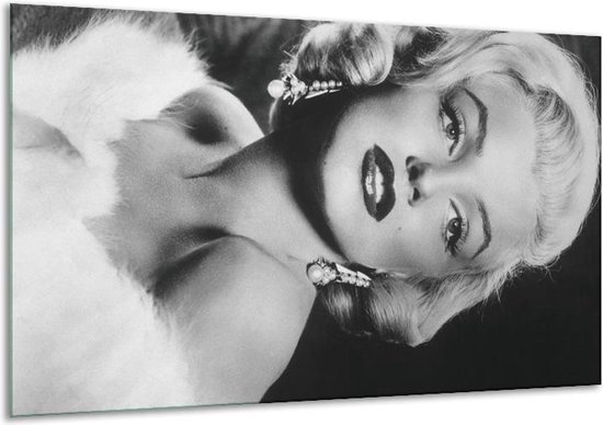 Glasschilderij Marilyn Monroe - Zwart, Wit, Grijs - 120x70cm 1Luik - Foto Op Glas - Geen Acrylglas Schilderij - GroepArt 6000+ Glasschilderijen Art Collectie - Wanddecoratie - Woonkamer - Slaapkamer