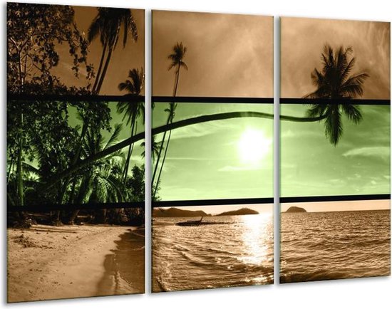 Glasschilderij Strand - Groen, Bruin, Zwart - 120x80cm 3Luik - Foto Op Glas - Geen Acrylglas Schilderij - GroepArt 6000+ Glas Art Collectie - Maatwerk Mogelijk