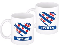 I Love hartjes vlag Friesland - 4x stuks - koffiemok - beker - wit - 300 ml - Friese thema supporters - feestartikelen Fryslan