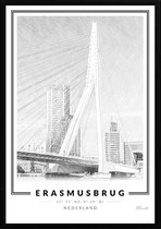 Poster Erasmusbrug Rotterdam - A4 - 21 x 30 cm - Inclusief lijst (Zwart Aluminium)