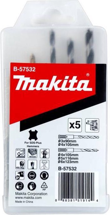 Makita SDS-plus borenset met 5 boren in plastic verpakking. Rood en zwart logo.