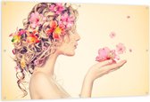 Tuinposter – Bloemenmeisje met Opgestoken Haar - 150x100cm Foto op Tuinposter  (wanddecoratie voor buiten en binnen)