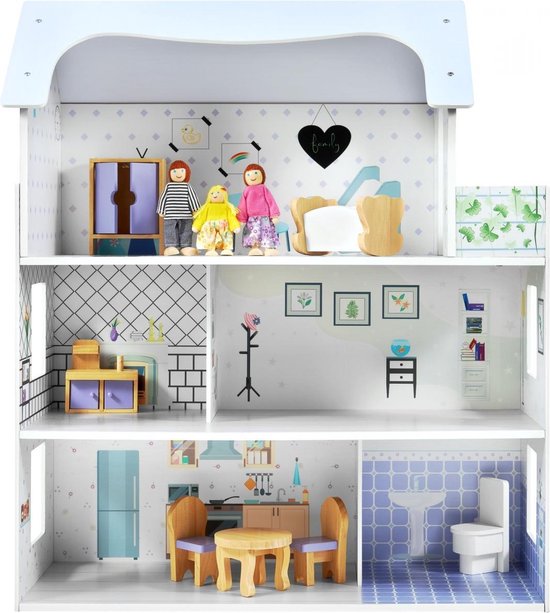 Houten Poppenhuis – Mamabrum – met Meubels en accessoires – Droomhuis – bouwpakket maken poppenhuisinrichting – Poppen – met meubeltjes en poppetjes - 70 cm hoog pop huis dollhouse diy groot
