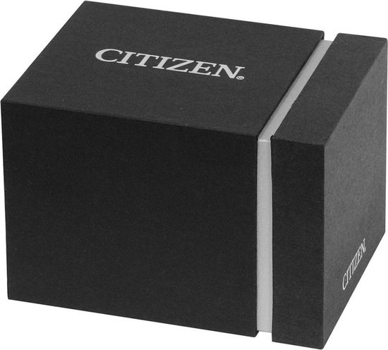 Zwarte, schuifbare Citizen horlogedoos met zilverkleurig logo.