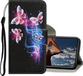 Gekleurde tekening patroon horizontaal Flip PU lederen tas met houder & kaartsleuven & portemonnee & lanyard voor iPhone X / XS (drie fluorescerende vlinders)