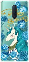 Voor OnePlus 8 schokbestendig geverfd transparant TPU beschermhoes (Blue Flower Unicorn)