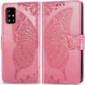 Voor Galaxy A51 Butterfly Love Flower reliëf horizontale flip lederen tas met beugel / kaartsleuf / portemonnee / lanyard (roze)