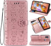 Voor Galaxy M11 Leuke Kat en Hond Reliëf Horizontale Flip Leren Case met Beugel / Kaartsleuf / Portemonnee / Lanyard (Rose Goud)