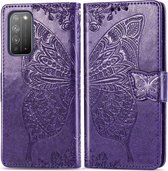 Voor Huawei Honor X10 Butterfly Love Flower Reliëf Horizontale Flip Leren Case met Beugel / Kaartsleuf / Portemonnee / Lanyard (Donkerpaars)