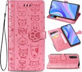 Voor Huawei Y8P / Enjoy 10s Mooie kat en hond reliëfpatroon Horizontale flip lederen tas, met houder & kaartsleuven & portemonnee & cartoon sluiting & lanyard (roze)