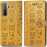 Voor Huawei P40 Lite 5G & Nova 7 SE Mooie Kat en Hond Embossing Patroon Horizontale Flip Leren Case, met Houder & Kaartsleuven & Portemonnee & Cartoon Sluiting & Lanyard (Geel)