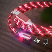 2 in 1 USB naar 8-pins + Micro USB Magnetische zuigkracht Kleurrijke Streamer Oplaadkabel voor mobiele telefoon, lengte: 2 m (rood licht)