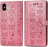 Voor iPhone XS / X Leuke kat en hond reliëf horizontale flip PU lederen tas met houder / kaartsleuf / portemonnee / lanyard (roze)