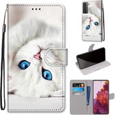 Voor Samsung Galaxy S21 5G Gekleurde Tekening Cross Textuur Horizontale Flip PU Lederen Case met Houder & Kaartsleuven & Portemonnee & Lanyard (Wit Kitten)