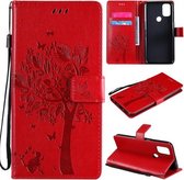 Voor OnePlus Nord N10 5G Tree & Cat Pattern Pressed Printing Horizontale Flip PU lederen hoes met houder & kaartsleuven & portemonnee & lanyard (rood)