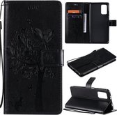 Voor Xiaomi Redmi Note 9 4G Tree & Cat Pattern Pressed Printing Horizontale Flip PU Leather Case met houder & kaartsleuven & portemonnee & Lanyard (zwart)