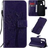 Voor Motorola Moto G8 Tree & Cat Pattern Pressed Printing Horizontale Flip PU lederen tas met houder & kaartsleuven & portemonnee & lanyard (paars)