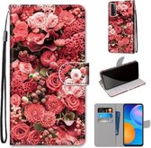 Voor Huawei P Smart 2021 / Y7a Gekleurde Tekening Cross Textuur Horizontale Flip PU Lederen Case met Houder & Kaartsleuven & Portemonnee & Lanyard (Pink Rose Garden)