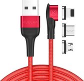 KUULAA KL-O140 1m 3A Max 3 in 1 USB naar 8-pins + USB-C / Type-C + Micro USB-hoekkop Magnetische oplaadgegevenskabel (rood)