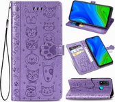 Voor Huawei P Smart 2020 Mooie Kat en Hond Embossing Patroon Horizontale Flip Leren Case, met Houder & Kaartsleuven & Portemonnee & Cartoon Sluiting & Lanyard (Paars)