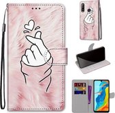 Voor Huawei P30 Lite Gekleurde Tekening Cross Textuur Horizontale Flip PU Lederen Case met Houder & Kaartsleuven & Portemonnee & Lanyard (Roze Handen Hart)