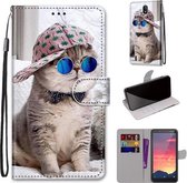 Voor Nokia C2 Gekleurde Tekening Cross Textuur Horizontale Flip PU Lederen Case met Houder & Kaartsleuven & Portemonnee & Lanyard (Slant Hat Blue Mirror Cat)