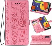 Voor Galaxy A70 / A70S Leuke Kat en Hond Reliëf Horizontale Flip Leren Case met Beugel / Kaartsleuf / Portemonnee / Lanyard (Roze)