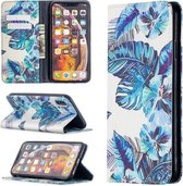 Gekleurde tekening patroon onzichtbare magnetische horizontale flip PU lederen tas met houder & kaartsleuven & portemonnee voor iPhone XS Max (blauwe bladeren)