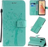 Voor OPPO A8 / A31 (2020) Boom & Kat Patroon Geperst Afdrukken Horizontale Flip PU Leren Case met Houder & Kaartsleuven & Portemonnee & Lanyard (Groen)