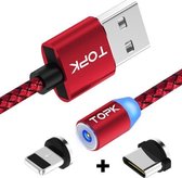 TOPK 2m 2.1A-uitgang USB naar 8-pins + USB-C / Type-C mesh-gevlochten magnetische oplaadkabel met LED-indicator (rood)