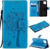 Voor Samsung Galaxy A42 5G Tree & Cat Pattern Pressed Printing Horizontale Flip PU Leather Case met houder & kaartsleuven & portemonnee & Lanyard (blauw)