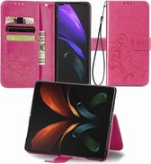 Voor Samsung Galaxy Z Fold2 vierbladige gesp reliëf gesp mobiele telefoon bescherming lederen tas met lanyard & kaartsleuf & portemonnee & beugel functie (magenta)