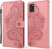 Voor Samsung Galaxy M51 Pauw Reliëfpatroon Horizontale Flip Leren Case met Houder & Kaartsleuven & Portemonnee & Lanyard (Roze)