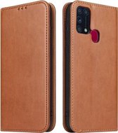 Voor Samsung Galaxy M31 Fierre Shann PU lederen textuur horizontale flip case met houder & kaartsleuven & portemonnee (bruin)