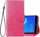 Lucky Clover Pressed Flowers Pattern Leather Case voor Huawei Y5 Prime (2018), met houder & kaartsleuven & portemonnee & draagriem (magenta)