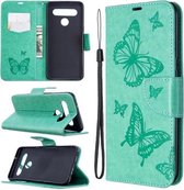 Voor LG K61 Two Butterflies Embossing Pattern Horizontale Flip lederen tas met houder & kaartsleuf & portemonnee & lanyard (groen)