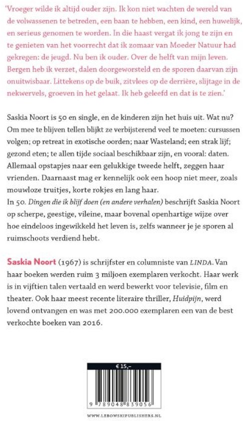 Achterkant van het boek '50 Dingen die ik blijf doen (en andere verhalen)' met ISBN-nummer en prijs.