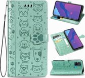 Voor Huawei Honor Play 9A Mooie Kat en Hond Embossing Patroon Horizontale Flip Leren Case, met Houder & Kaartsleuven & Portemonnee & Cartoon Sluiting & Lanyard (Groen)